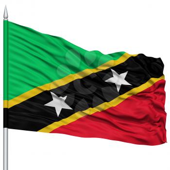 Saint Kitts and Nevis Flag on Flagpole , Flying in the Wind, Isolated on White Background