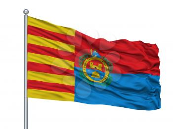 Barcelona City Flag On Flagpole, Country Spain, Isolated On White Background