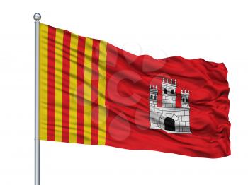 Sabadell City Flag On Flagpole, Country Spain, Isolated On White Background