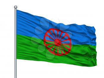 Romani People Flag On Flagpole, Isolated On White Background, 3D Rendering