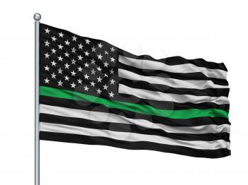 Usa Thin Green Line Isolated Flag On Flagpole With White Background, 3D Rendering