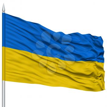 Ukraine Flag on Flagpole , Flying in the Wind, Isolated on White Background