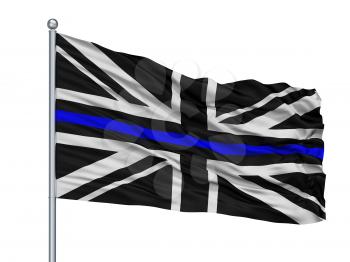 Union Jack Thin Blue Line Isolated Flag on Flagstaff, White Background, 3D Rendering