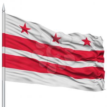 Washington DC City Flag on Flagpole, Washington DC State, Flying in the Wind, Isolated on White Background