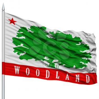 Woodland City Flag on Flagpole, California State, Flying in the Wind, Isolated on White Background