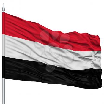Yemen Flag on Flagpole , Flying in the Wind, Isolated on White Background