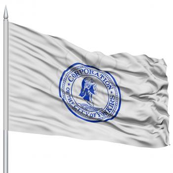 Yonkers City Flag on Flagpole, New York State, Flying in the Wind, Isolated on White Background