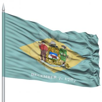 Isolated Delaware Flag on Flagpole, USA state, Flying in the Wind, Isolated on White Background