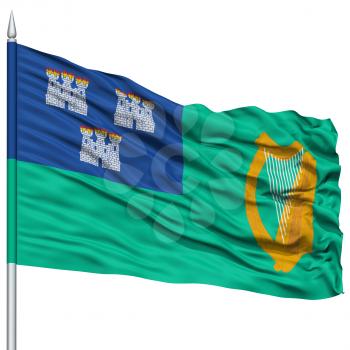 Dublin City Flag on Flagpole, Capital City of Ireland, Flying in the Wind, Isolated on White Background