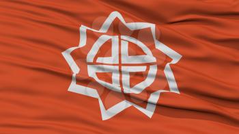 Closeup of Fukushima Flag, Capital of Japan Prefecture, Waving in the Wind, High Resolution