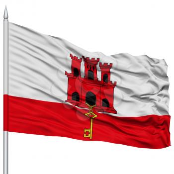 Gibraltar City Flag on Flagpole, Capital City of Gibraltar, Flying in the Wind, Isolated on White Background