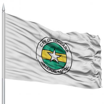 Honiara City Flag on Flagpole, Capital City of Solomon Islands, Flying in the Wind, Isolated on White Background