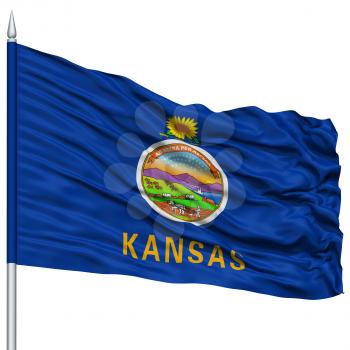 Isolated Kansas Flag on Flagpole, USA state, Flying in the Wind, Isolated on White Background