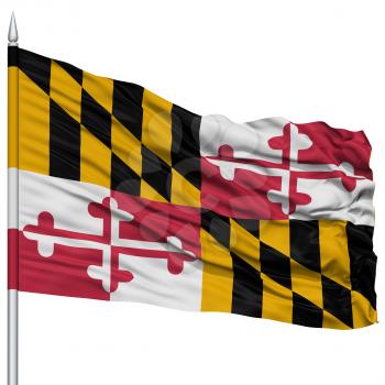Isolated Maryland Flag on Flagpole, USA state, Flying in the Wind, Isolated on White Background