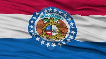 Closeup Missouri Flag on Flagpole, USA state, Waving in the Wind, High Resolution