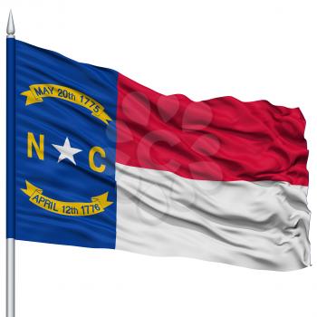 Isolated North Carolina Flag on Flagpole, USA state, Flying in the Wind, Isolated on White Background