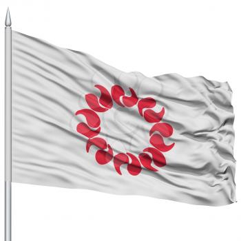 Isolated Saitama Japan Prefecture Flag on Flagpole, Flying in the Wind, Isolated on White Background