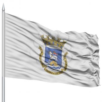 San Juan City Flag on Flagpole, Capital City of Puerto Rico, Flying in the Wind, Isolated on White Background