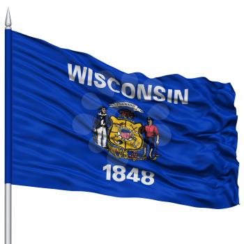 Isolated Wisconsin Flag on Flagpole, USA state, Flying in the Wind, Isolated on White Background