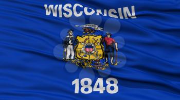 Closeup Wisconsin Flag on Flagpole, USA state, Waving in the Wind, High Resolution