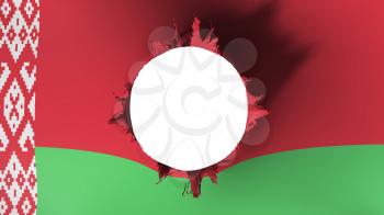 Hole cut in the flag of Belarus, white background, 3d rendering