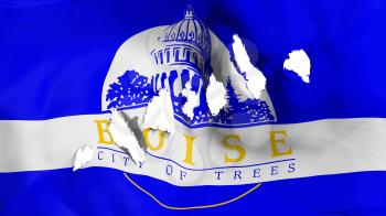 Boise city, capital of Idaho state flag perforated, bullet holes, white background, 3d rendering