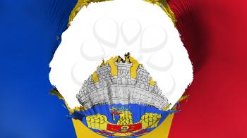 Big hole in Bucharest, capital of Romania flag, white background, 3d rendering