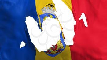 Ragged Bucharest, capital of Romania flag, white background, 3d rendering