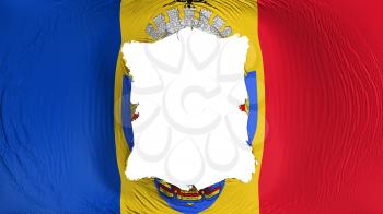 Square hole in the Bucharest, capital of Romania flag, white background, 3d rendering