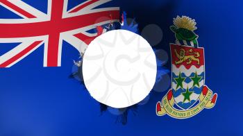 Hole cut in the flag of Cayman Islands, white background, 3d rendering