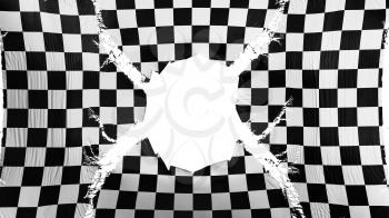 Checkered flag with a hole, white background, 3d rendering