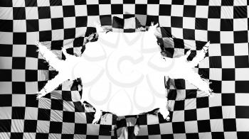 Checkered flag with a big hole, white background, 3d rendering