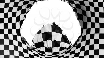 Big hole in Checkered flag, white background, 3d rendering