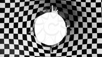 Hole cut in the flag of Checkered, white background, 3d rendering
