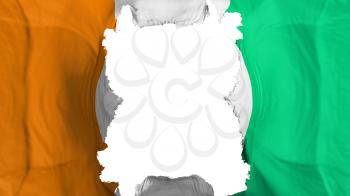 Ripped Cote dIvoire flying flag, over white background, 3d rendering