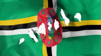 Dominica flag perforated, bullet holes, white background, 3d rendering