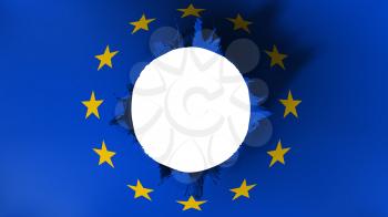 Hole cut in the flag of Europe, white background, 3d rendering