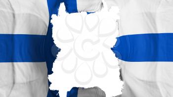 Ripped Finland flying flag, over white background, 3d rendering