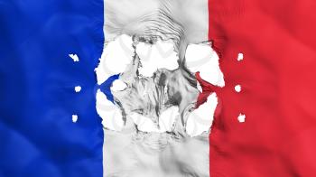 Holes in France flag, white background, 3d rendering