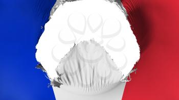 Big hole in France flag, white background, 3d rendering