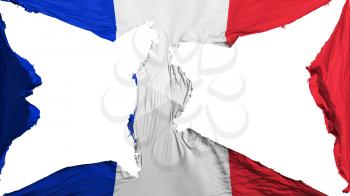 Destroyed France flag, white background, 3d rendering