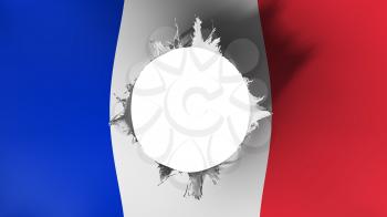 Hole cut in the flag of France, white background, 3d rendering