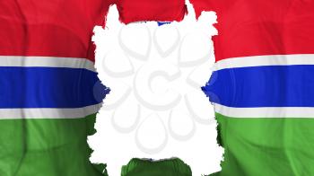 Ripped Gambia flying flag, over white background, 3d rendering