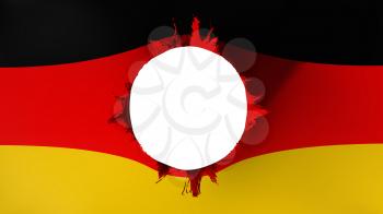 Hole cut in the flag of Germany, white background, 3d rendering