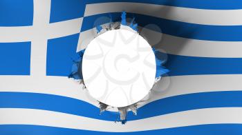 Hole cut in the flag of Greece, white background, 3d rendering