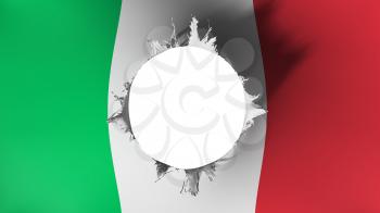 Hole cut in the flag of Italy, white background, 3d rendering