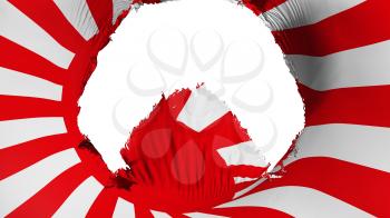 Big hole in Japan rising sun war flag, white background, 3d rendering