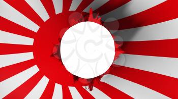 Hole cut in the flag of Japan rising sun war, white background, 3d rendering