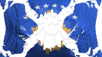 Kosovo torn flag fluttering in the wind, over white background, 3d rendering