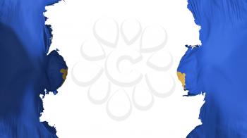 Blasted Kosovo flag, against white background, 3d rendering